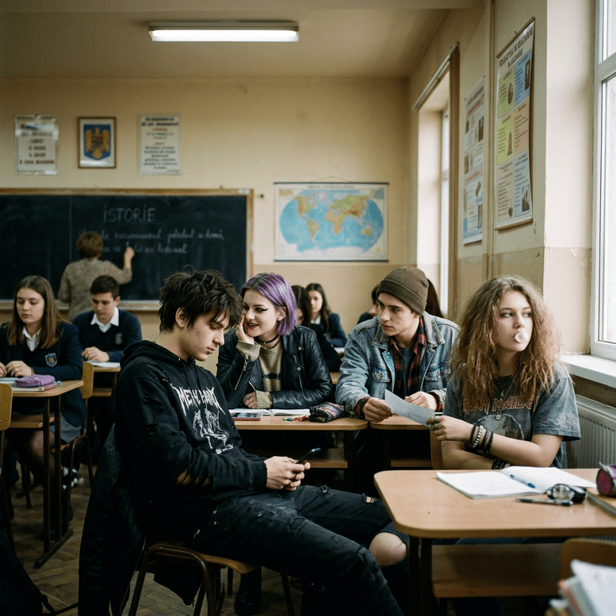 Teenagers in classroom sitting at desks, some talking and one blowing bubble gum