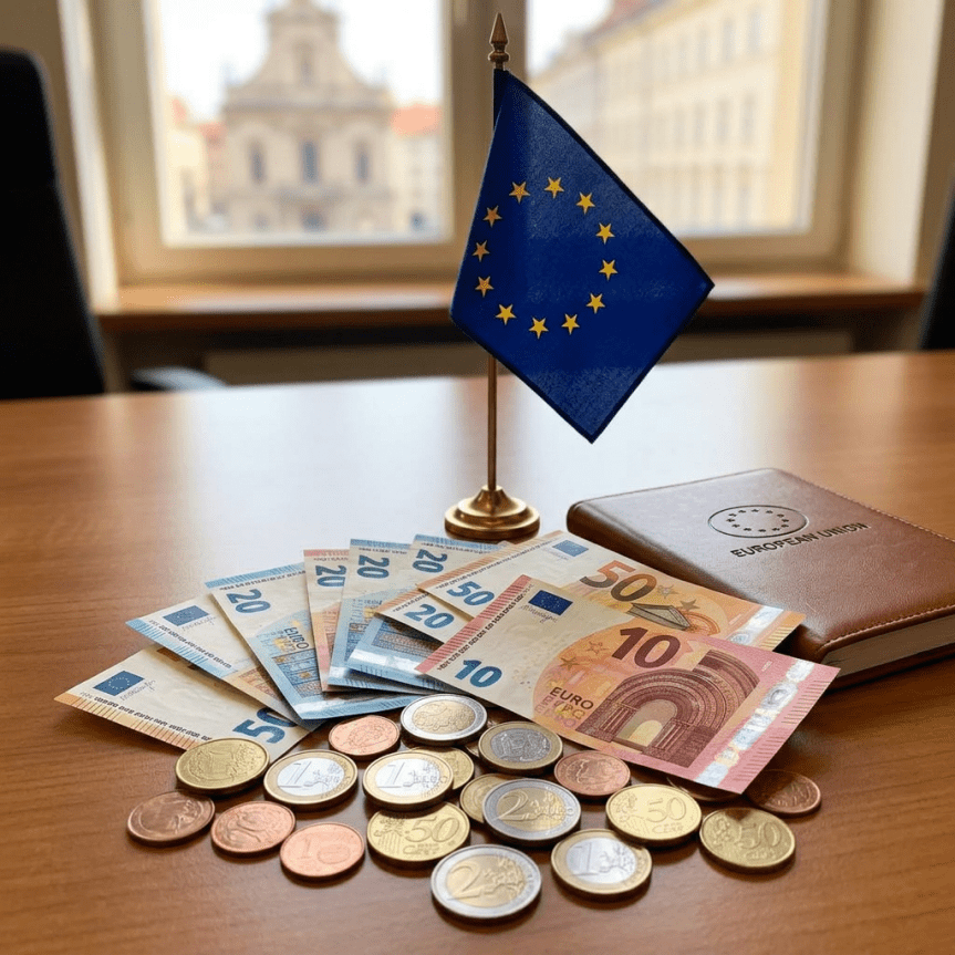 Euro banknotes and coins with European Union flag and document on desk