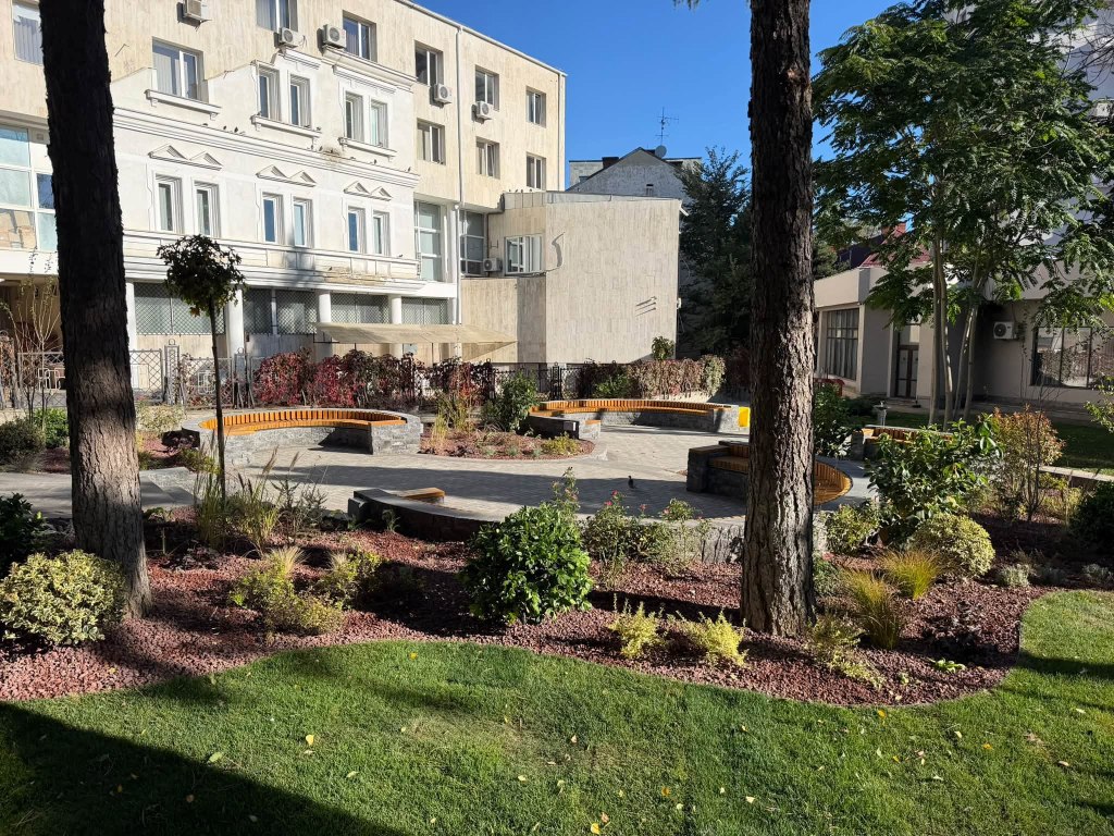 Grădină modernă cu bănci din lemn și plante ornamentale, lângă o clădire cu feronerie albă, sub cer senin.