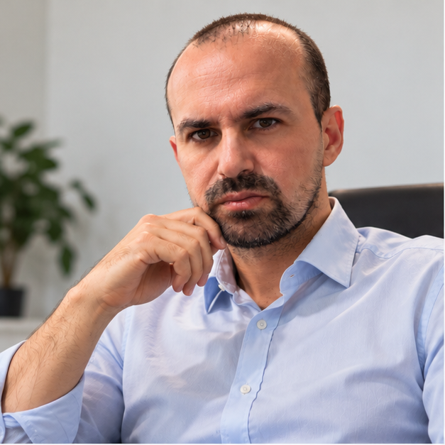 Bărbat cu cămașă deschisă la culoare, stând pe un scaun, cu o expresie serioasă, sprijinindu-și bărbia cu degetele, în fundal o plantă de interior.