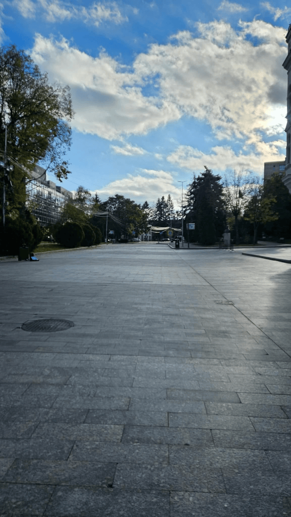 O stradă largă, cu pavele, împrejmuită de copaci și clădiri, sub un cer cu nori și soare.