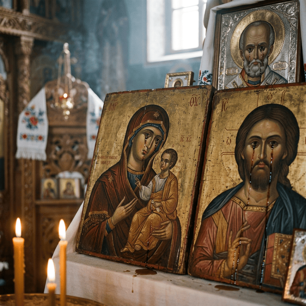 Orthodox icons of Mary, Christ, and Saint Nicholas beside lit candles