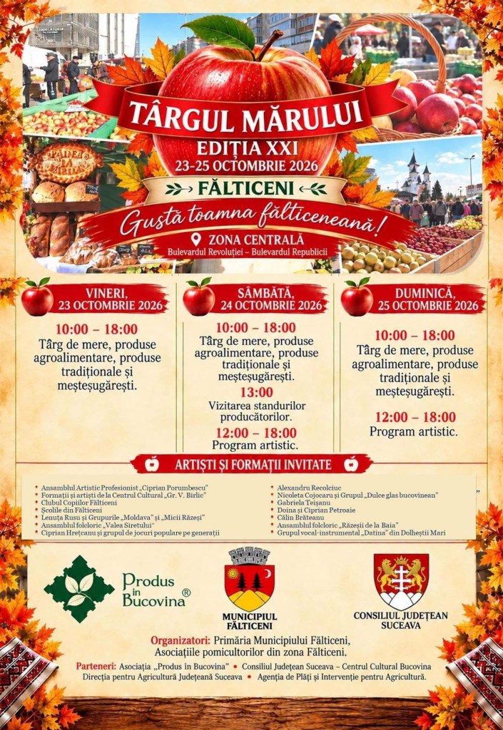 Poster pentru Târgul Mărului, ediția XXI, organizat la Fălticeni între 23-25 octombrie 2026, cu detalii despre program și invitați.