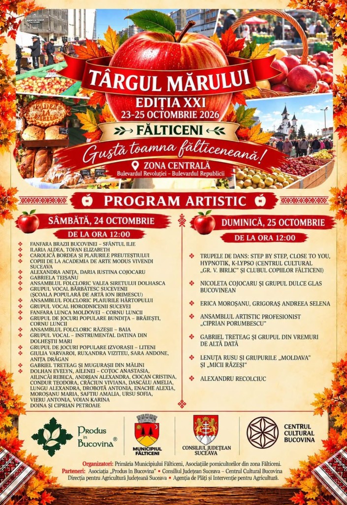 Poster pentru Târgul Mărului, ediția XXI, desfășurat între 23-25 octombrie 2026 în Fălticeni, cu detalii despre programul artistic și activitățile din centrul orașului, inclusiv imagini ale mărului și festivalului.
