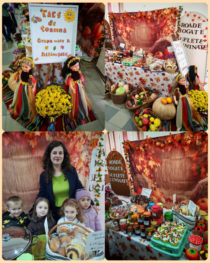 Târg de toamnă cu produse tradiționale, inclusiv fructe și legume, la care participă și copii.