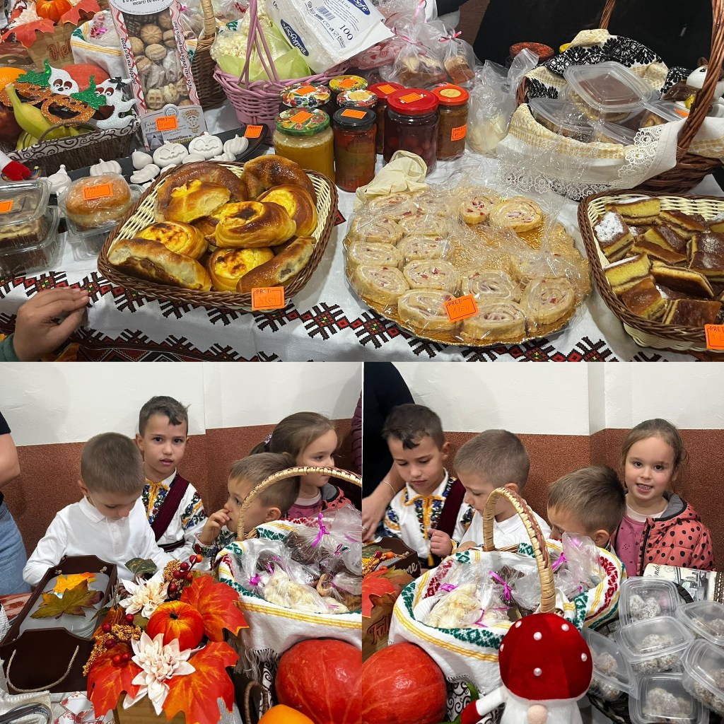 O masă plină cu diverse delicatesuri, inclusiv pâine, prăjituri și conserve, vizitată de copii curioși în haine tradiționale.